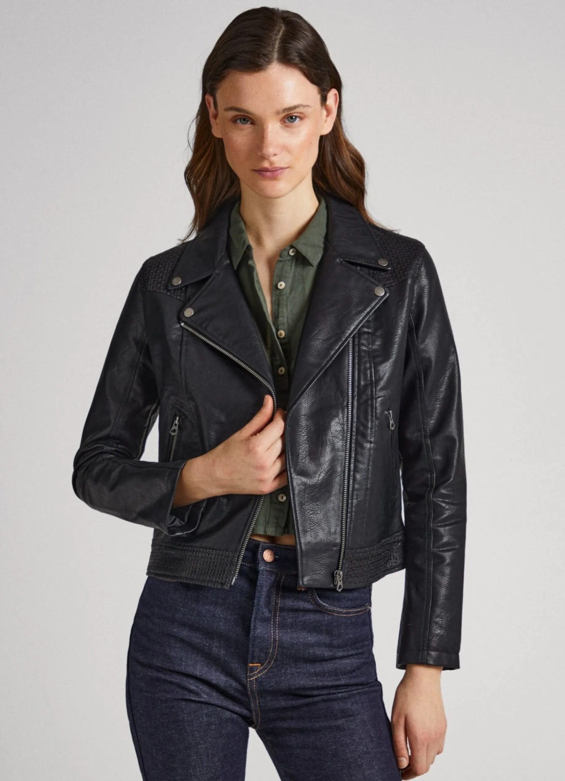 Women Pepe Jeans Biker Jacket With Openwork Details