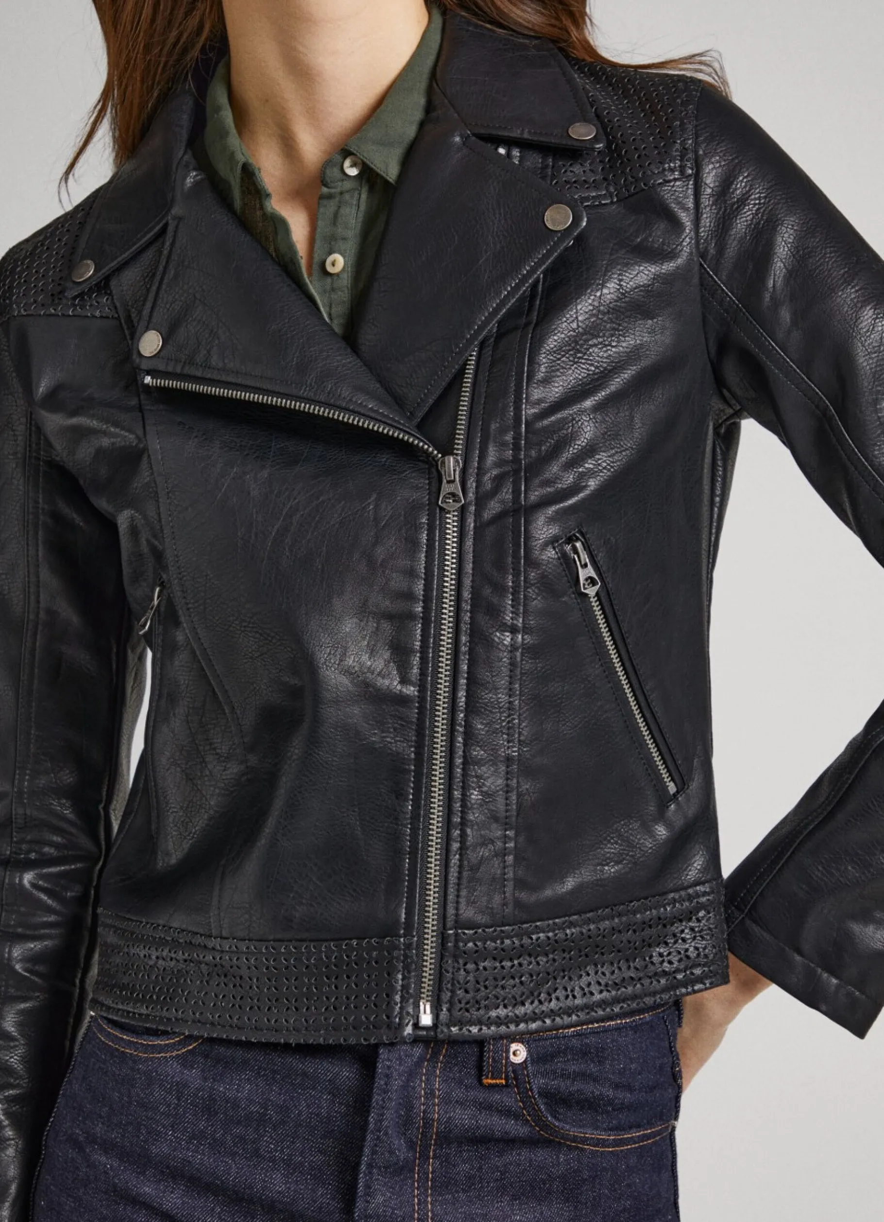 Women Pepe Jeans Biker Jacket With Openwork Details