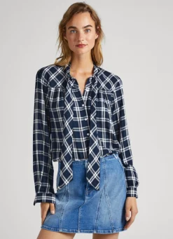 Women Pepe Jeans Checked Blouse With Neck Tie