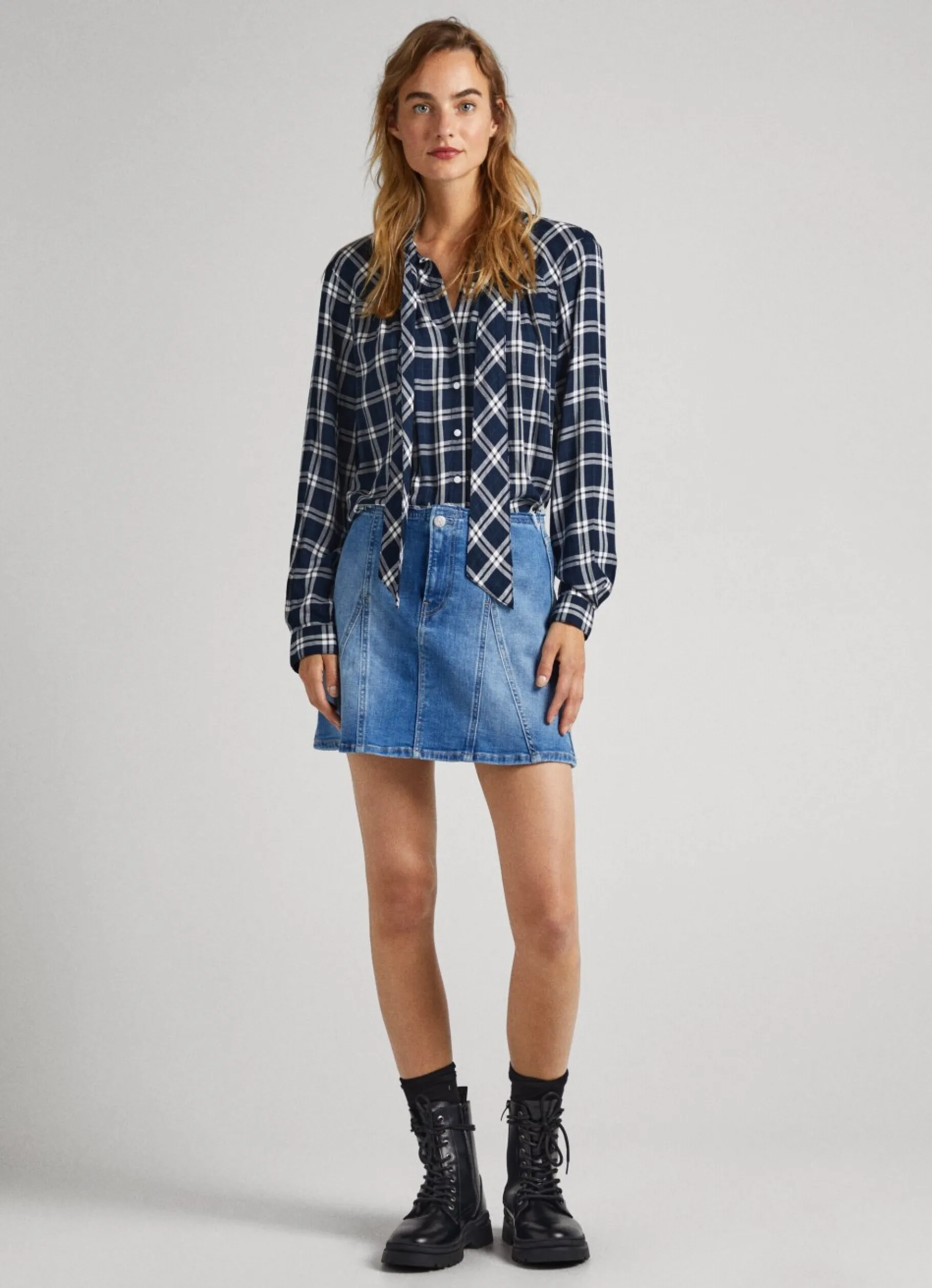 Women Pepe Jeans Checked Blouse With Neck Tie