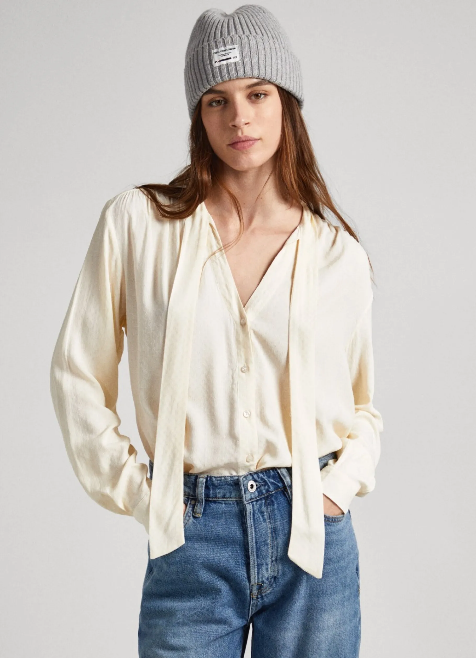 Women Pepe Jeans Dobby Blouse With Tie Neck