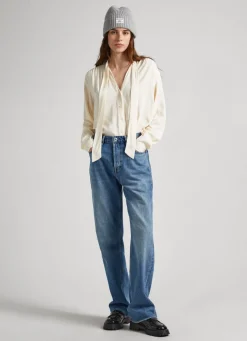 Women Pepe Jeans Dobby Blouse With Tie Neck