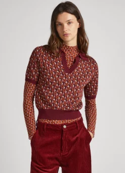 Women Pepe Jeans Knit Geometric Print Polo Shirt