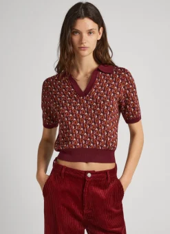 Women Pepe Jeans Knit Geometric Print Polo Shirt