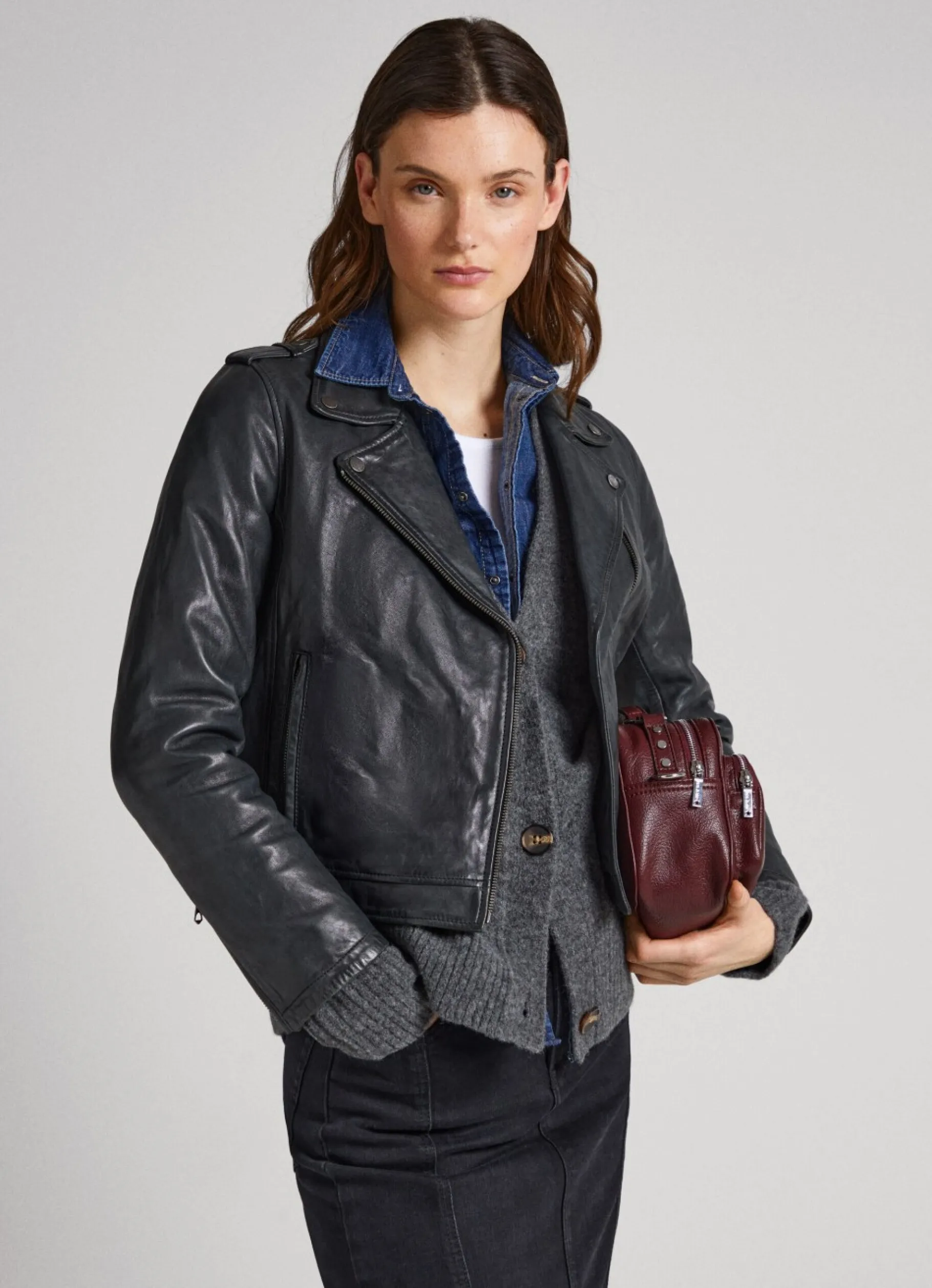 Women Pepe Jeans Lamb Leather Biker Jacket