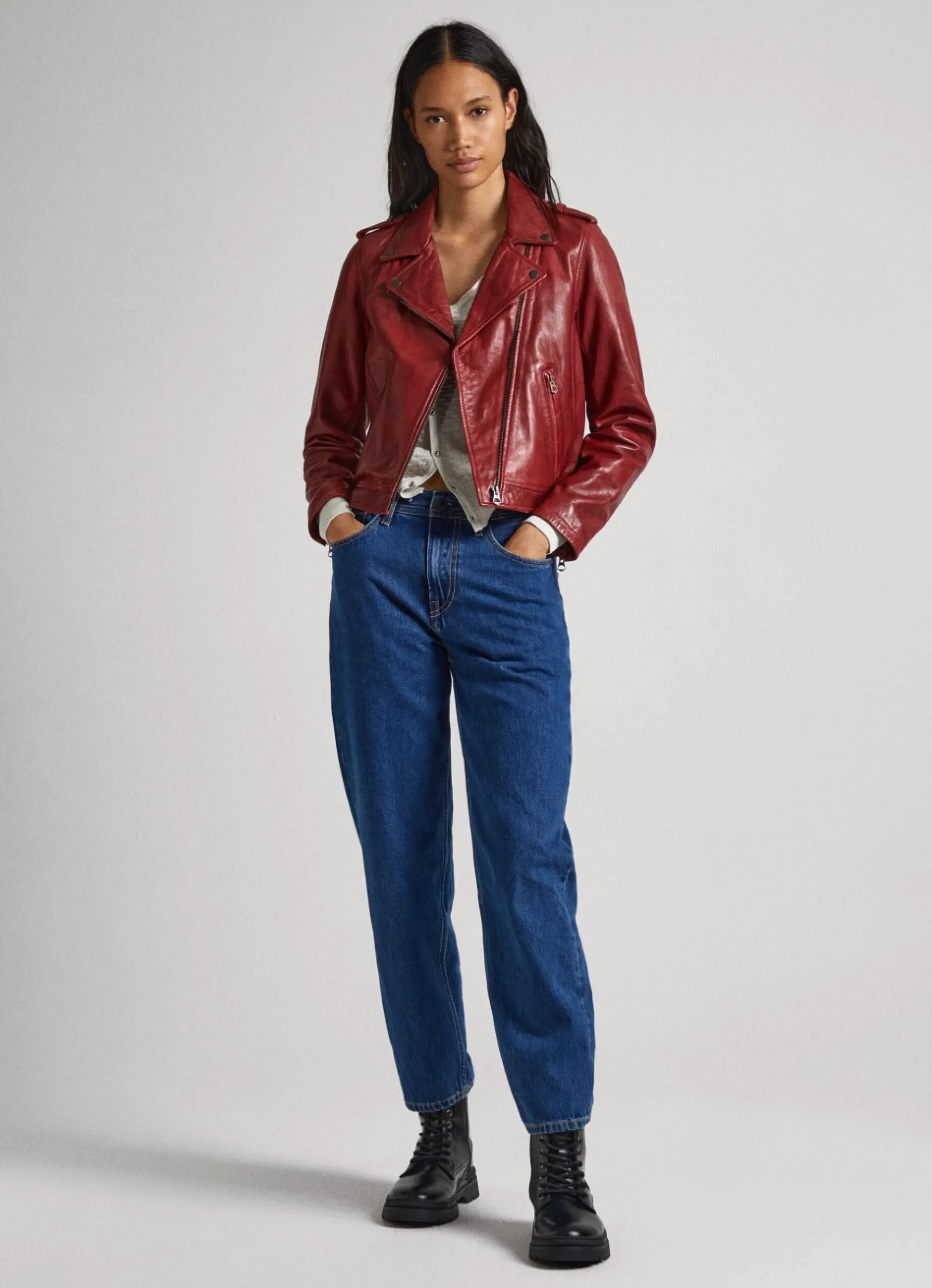 Women Pepe Jeans Lamb Leather Biker Jacket