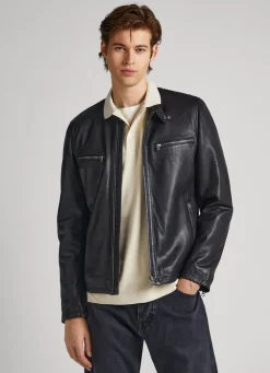Men Pepe Jeans Lambskin Leather Biker Jacket