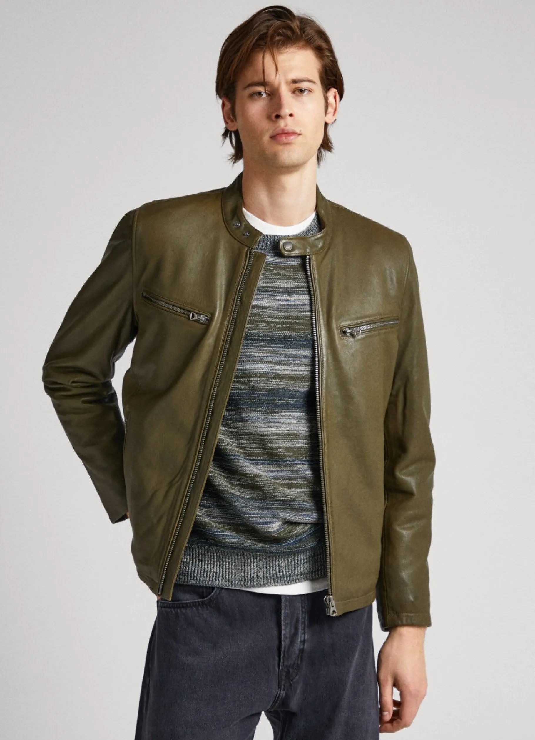 Men Pepe Jeans Lambskin Leather Biker Jacket