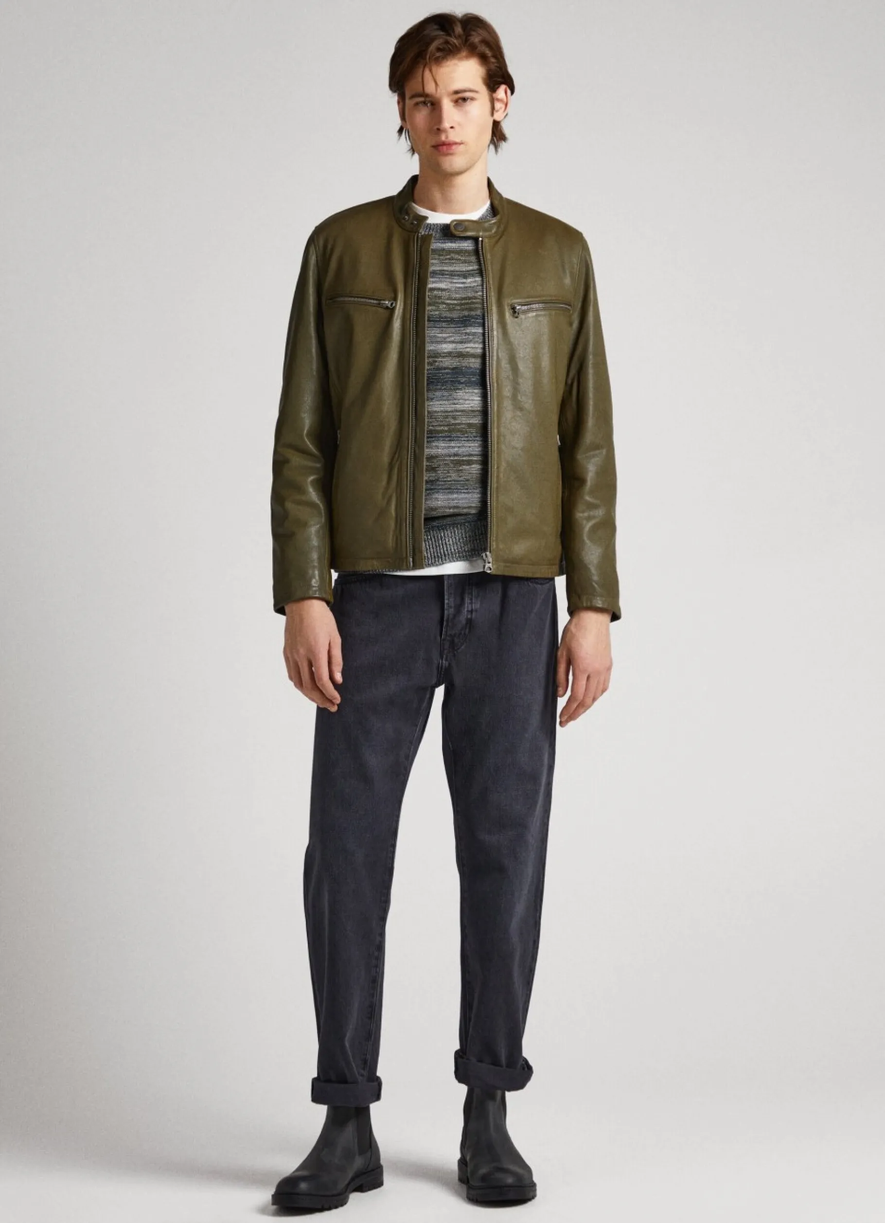 Men Pepe Jeans Lambskin Leather Biker Jacket