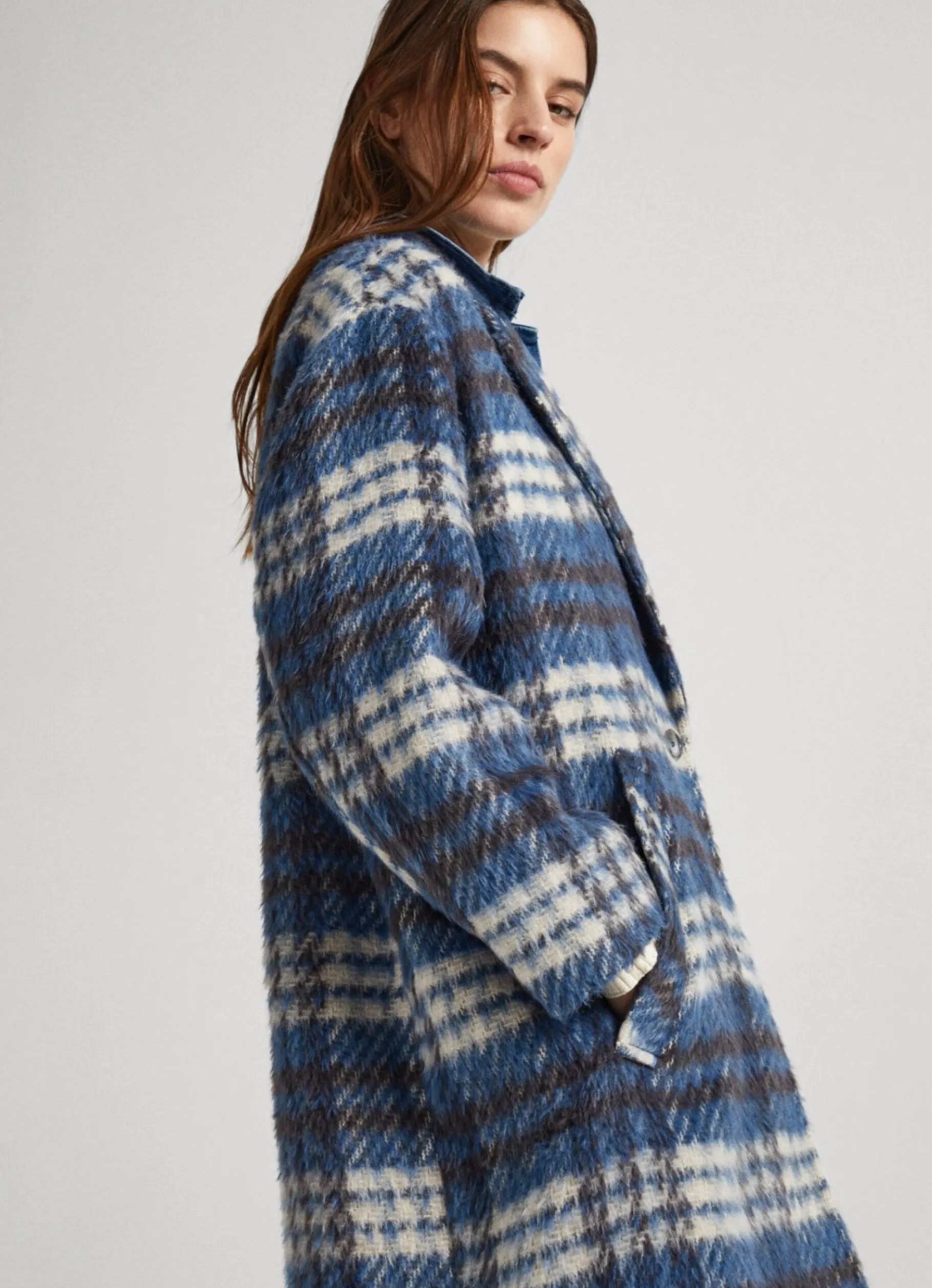 Women Pepe Jeans Long Checked Wool Coat