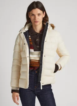 Women Pepe Jeans Puffer Jacket W/ Fur Lining On Hood