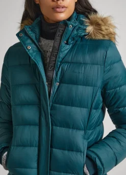 Women Pepe Jeans Puffer Jacket W/ Fur Lining On Hood
