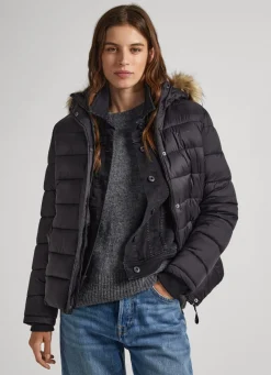 Women Pepe Jeans Puffer Jacket W/ Fur Lining On Hood