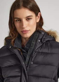 Women Pepe Jeans Puffer Jacket W/ Fur Lining On Hood