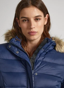 Women Pepe Jeans Puffer Jacket W/ Fur Lining On Hood