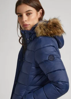 Women Pepe Jeans Puffer Jacket W/ Fur Lining On Hood