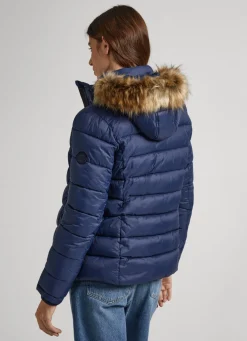 Women Pepe Jeans Puffer Jacket W/ Fur Lining On Hood