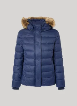 Women Pepe Jeans Puffer Jacket W/ Fur Lining On Hood