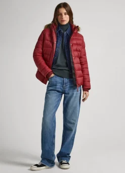 Women Pepe Jeans Puffer Jacket W/ Fur Lining On Hood