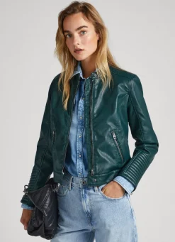 Women Pepe Jeans Quilted Shoulder Biker Jacket