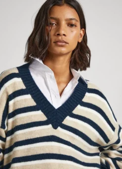 Women Pepe Jeans Striped V-Neck Sweatshirt