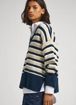 Women Pepe Jeans Striped V-Neck Sweatshirt